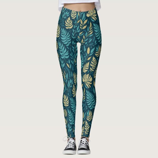 Leggings Boho bleu marine jaune feuillage botanique verdure (Devant)