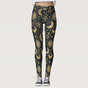 Leggings Boho Céleste avec Symboles d'Alchimie en Or