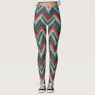 Leggings Boho Chevron Motif Zigzag turquoise, corail et c