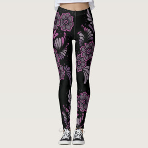 Leggings Boho Chic Yoga Zen Purple Floral Mandala Motif