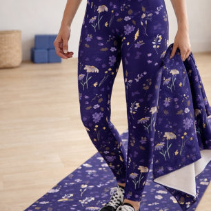 Leggings Boho Fleurs Sauvages Aquarelle Bleu Marine 