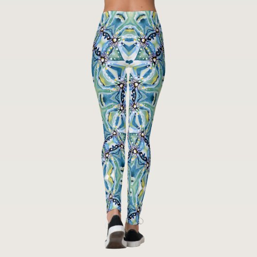 Leggings Boho Floral Abstrait Motif Artistique bleu vert (Dos)