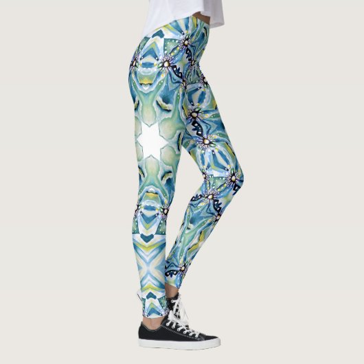 Leggings Boho Floral Abstrait Motif Artistique bleu vert (Droite)