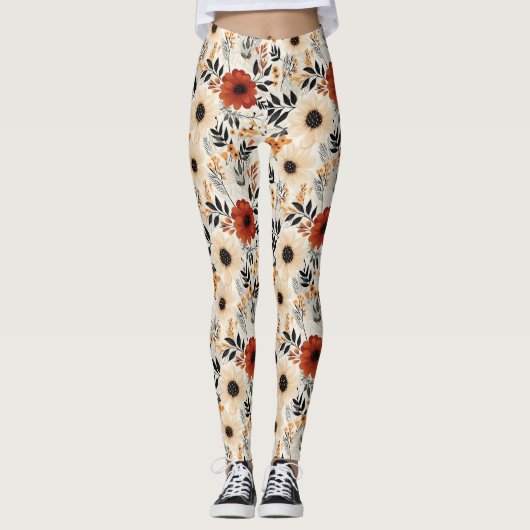Leggings Boho Floral Cute Black Orange Blue Creme (Devant)