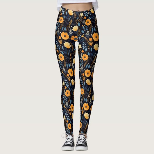 Leggings Boho Floral Cute Noir Orange Bleu (Devant)