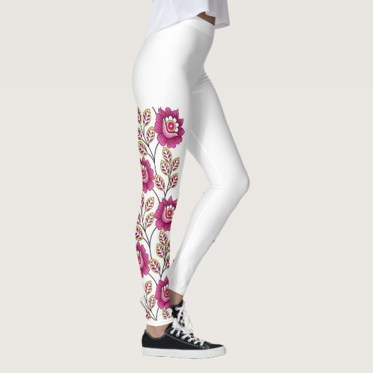 Leggings Boho Magenta Fleur Vigne Bordure Classique Blanc (Droite)