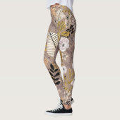 Leggings Boho Noir Blanc Or Pêche Feuille Florale Dessinée (Gauche)