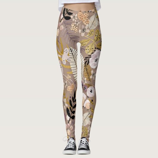 Leggings Boho Noir Blanc Or Pêche Feuille Florale Dessinée (Devant)