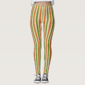 Leggings Boho Orange Brûlé Vert Sauge Rayé Rétro (Devant)