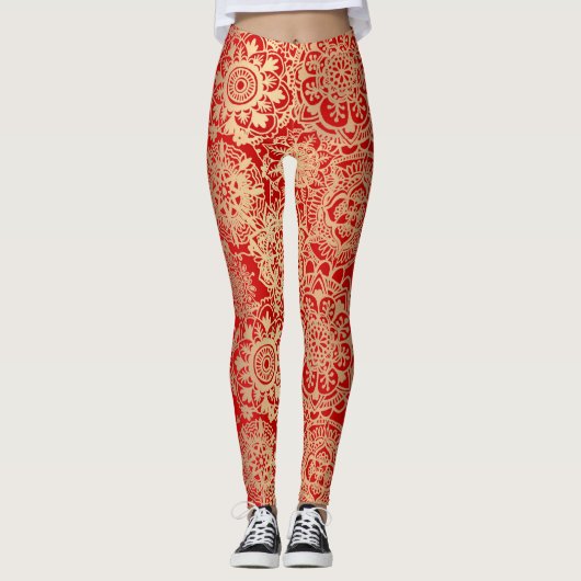 Leggings Boho rouge et or Mandala Motif Yoga (Devant)