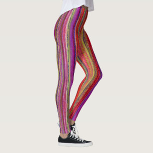 Leggings Boho Vintage Rouge Violet Rayures -