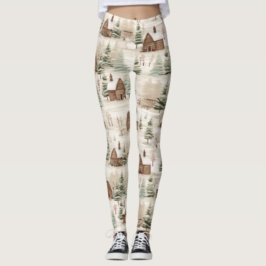 Leggings Bois rustique Cabines, arbres, neige (Devant)