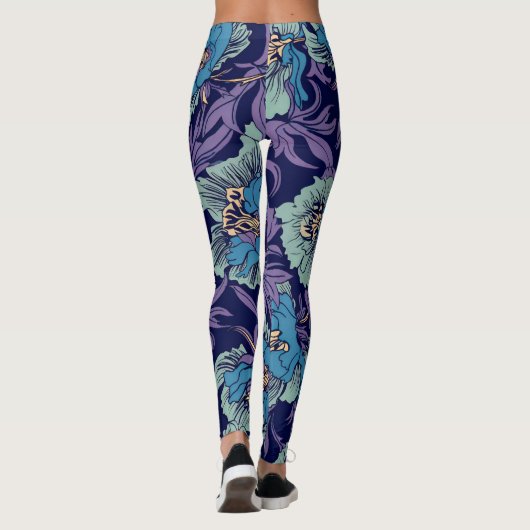 Leggings Bold Blue & Teal Botanical Print Floral Pattern  (Dos)