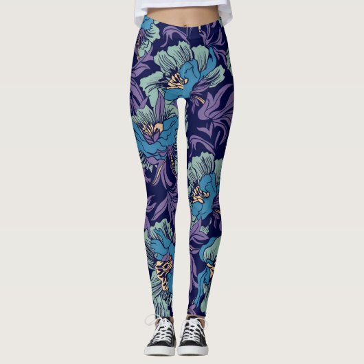 Leggings Bold Blue & Teal Botanical Print Floral Pattern  (Devant)