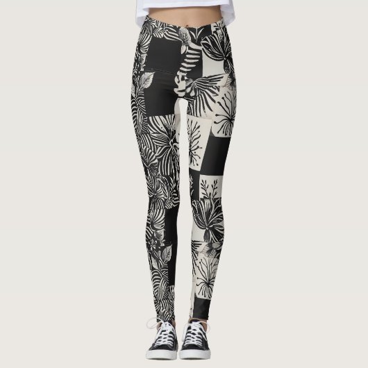 Leggings Bold Tropical Monochrome Floral Pattern (Devant)