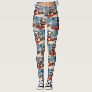 Leggings Boston Terrier Dog in Sledge Let it Neige Noël