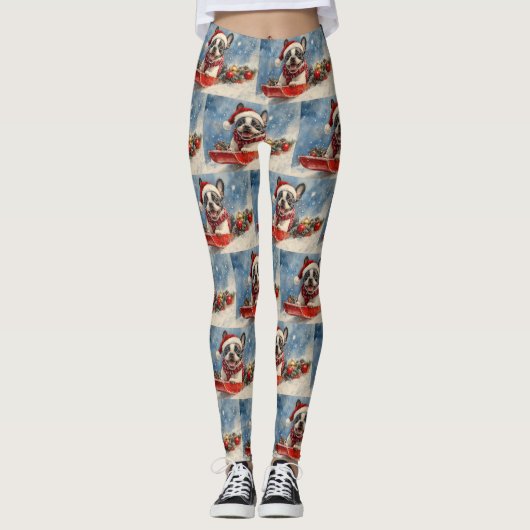 Leggings Boston Terrier Dog in Sledge Let it Neige Noël (Devant)
