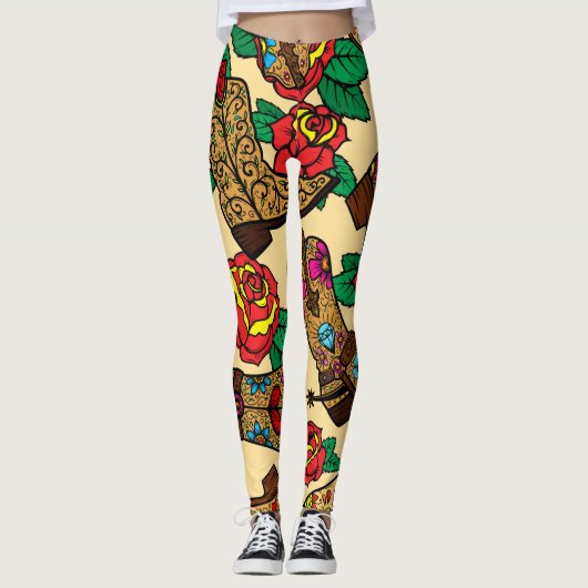 Leggings Bottes et Roses Cowboy : Design Vintage. (Devant)