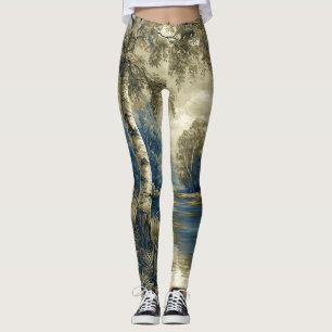 Leggings Bouleaux Bleu Doré au Bord de la Rivière
