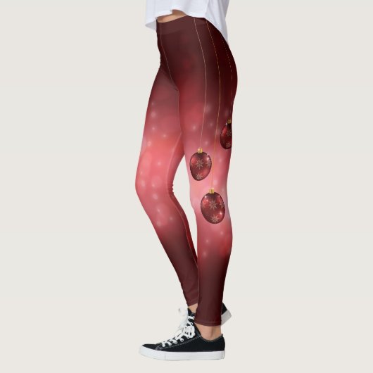 Leggings Boules de Noël festives rouges sur un fond rouge b (Gauche)