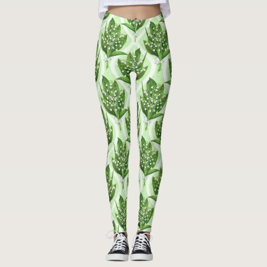 Leggings Bouquet de lys de la vallée fleurs sur vert (Devant)