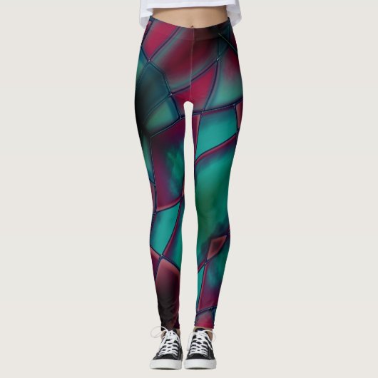 Leggings Bourgogne et cyan fort en état trapézoïdal (Devant)