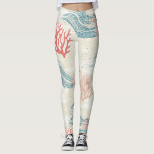 Leggings Branches botaniques de corail texturé en bleu côti