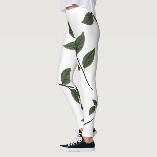Leggings Branches de feuillage avec Feuilles verts en blanc (Gauche)