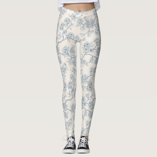 Leggings Branches de fleurs de cerisier en bleu et blanc ca (Devant)