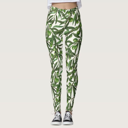 Leggings Branches d'olive sur blanc (Devant)
