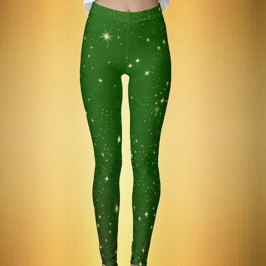 Leggings Bright Golden Twinkle Stars Dark Green Chrismtas