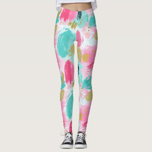 Leggings Brochures Abstraites colorées - Menthe et rose (1)