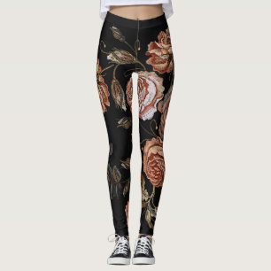 Leggings Broderie vintage : roses sur noir.