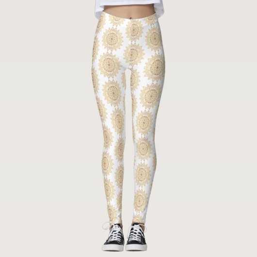 Leggings Brown Mandala Motif sur White Arrière - plan Elega (Devant)