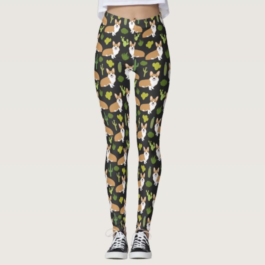 Leggings Cactus de corgi - guêtres foncées de cactus de (Devant)