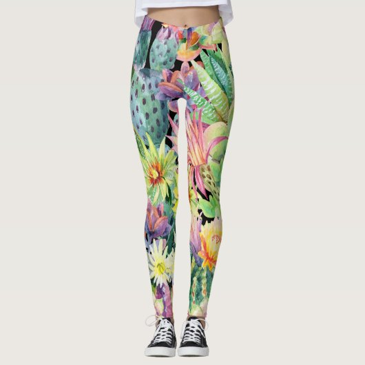 Leggings Cactus en floraison, motif aquarelle transparent. (Devant)