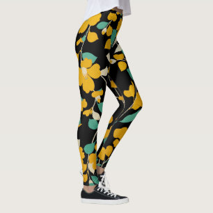 LEGGINGS CAMELLIAS JAUNES, FEUILLES BLANCS VERTS NOIR