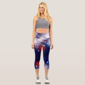 Leggings Capri 4 juillet Feux d'artifice Flambant Rouge Blanc Ble (Recto)