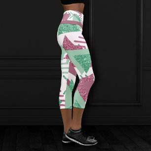 Leggings Capri 80s Abstraits frais Motif de formes rose et vert