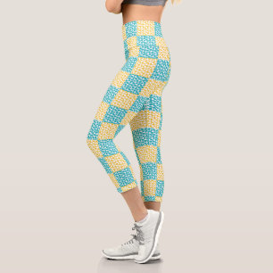 Leggings Capri à damiers Amour en Turquoise, Jaune et Blanc