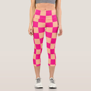 Leggings Capri à damiers carré pêche rose chaud rétro géométrique
