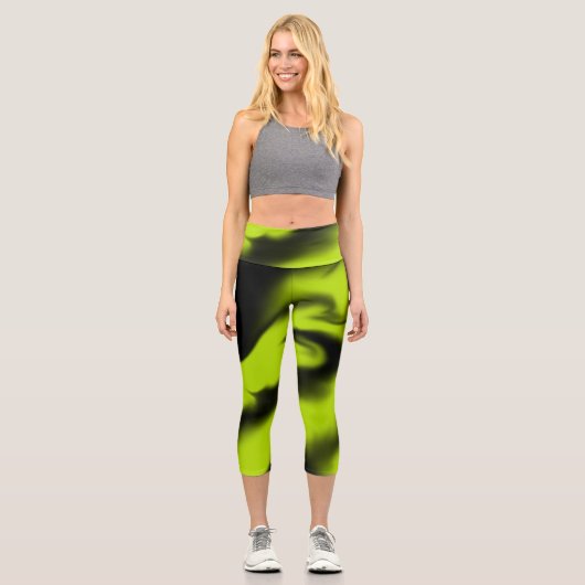 Leggings Capri Abstrait 3 en noir et vert citron (Recto)