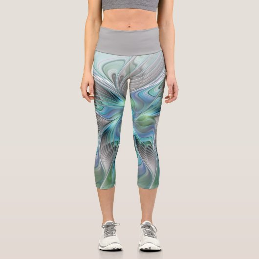 Leggings Capri Abstrait Bleu Vert Papillon Imaginaire Fractal Art (Recto)