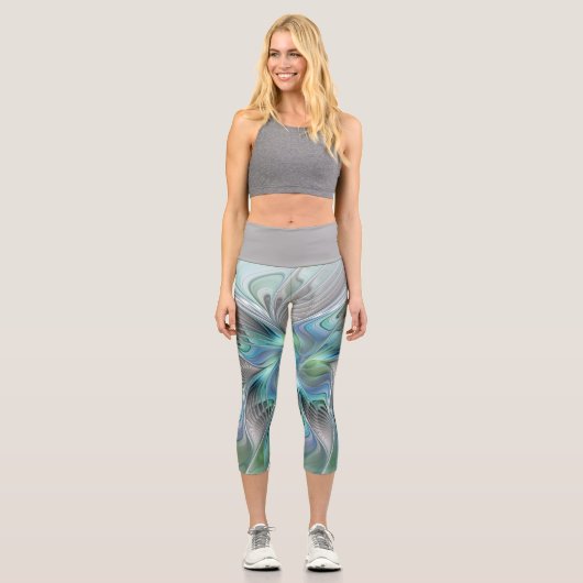 Leggings Capri Abstrait Bleu Vert Papillon Imaginaire Fractal Art (Recto)