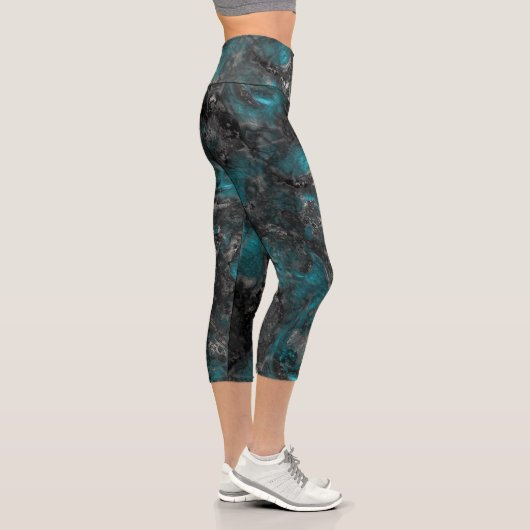 Leggings Capri Abstrait de marbre turquoise et argent (Droite)