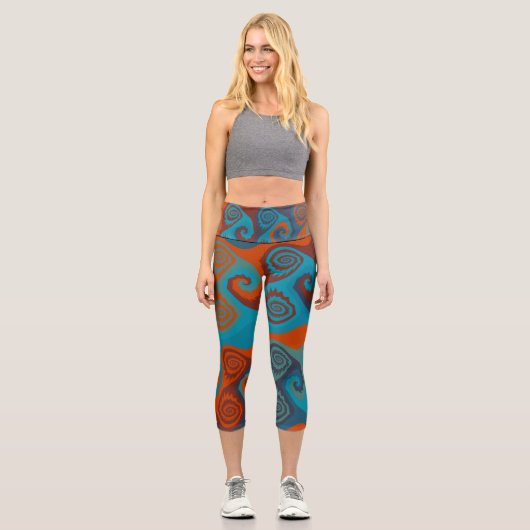 Leggings Capri Abstrait de tourbillon orange et turquoise (Recto)