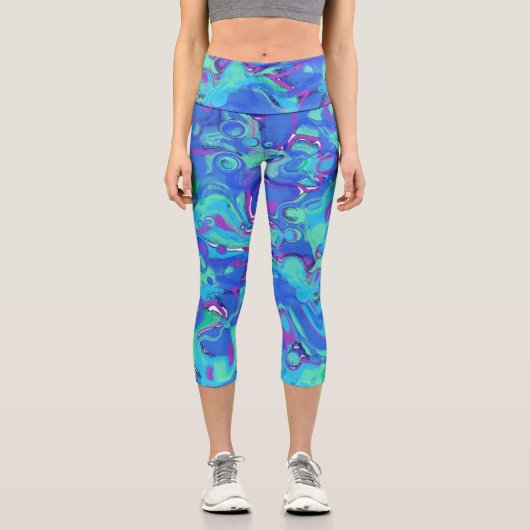 Leggings Capri Abstrait en bleus, verts et violets (Recto)