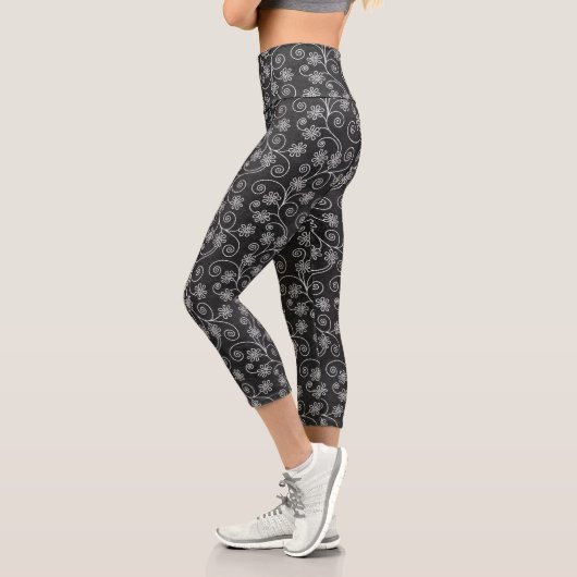 Leggings Capri Abstrait floral noir et blanc (Gauche)