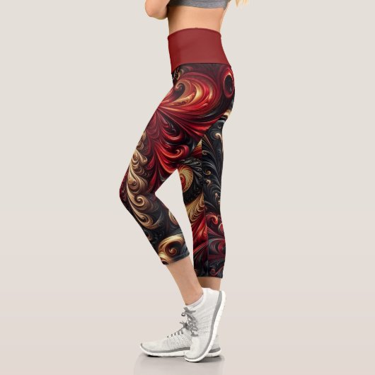 Leggings Capri Abstrait Moderne Rouges, Noir et Or (Gauche)