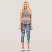 Leggings Capri Abstrait Mosaïque Rétro Ondulée Verte et Violette (Recto)
